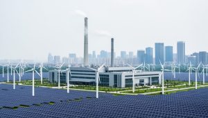 Modern industrial facility near a city skyline with faint vapor and nearby wind turbines and solar panels representing greenhouse-gas emissions reduction.
