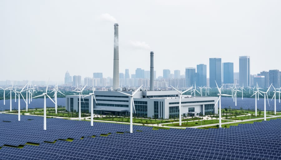 Modern industrial facility near a city skyline with faint vapor and nearby wind turbines and solar panels representing greenhouse-gas emissions reduction.