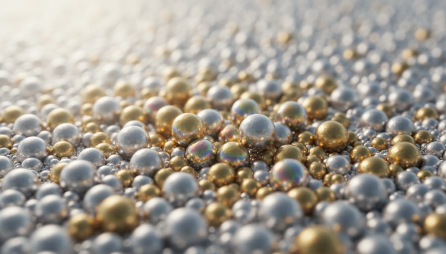 Macro close-up of gold-like nanoparticles on a transparent glass substrate with reflective highlights.