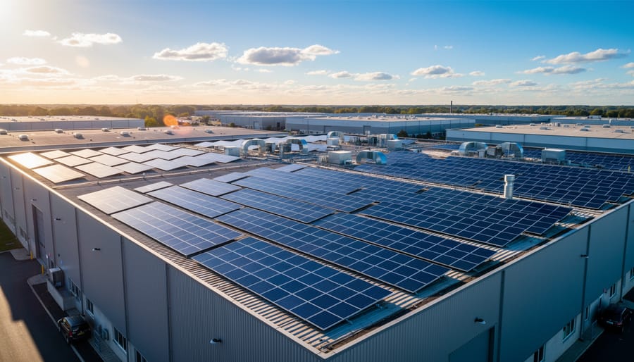 Solar panels mounted on an industrial building roof under bright daylight.