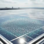 Close-up of a solar panel surface with subtle nanoscale light-scattering textures under soft daylight.