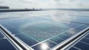 Close-up of a solar panel surface with subtle nanoscale light-scattering textures under soft daylight.