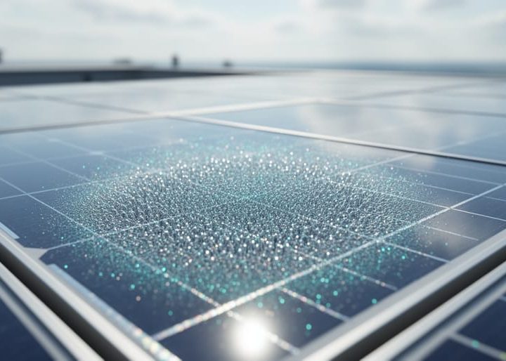 Close-up of a solar panel surface with subtle nanoscale light-scattering textures under soft daylight.