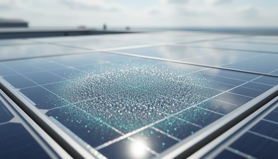 Close-up of a solar panel surface with subtle nanoscale light-scattering textures under soft daylight.