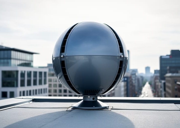 Spherical O-Wind turbine mounted on a rooftop under an overcast sky with city buildings blurred in the background.