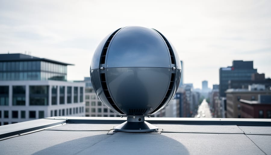 Spherical O-Wind turbine mounted on a rooftop under an overcast sky with city buildings blurred in the background.