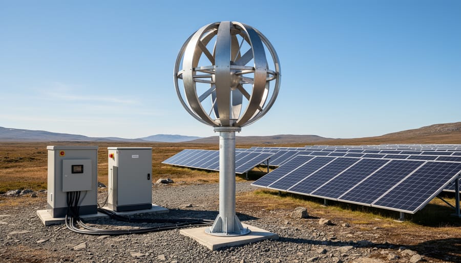 O-wind turbine installed near an off-grid building with solar panels and storage equipment in the background.