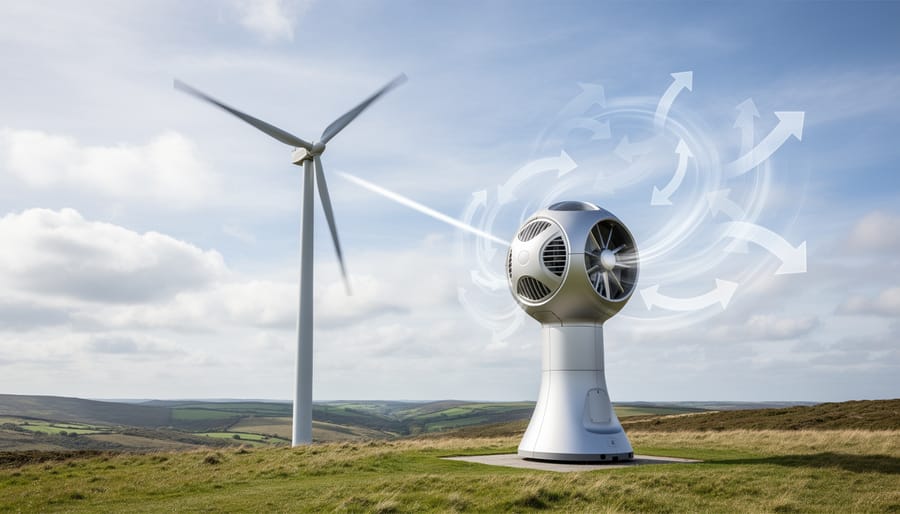 Spherical O-wind turbine and a conventional horizontal-axis wind turbine in the same outdoor windy setting.
