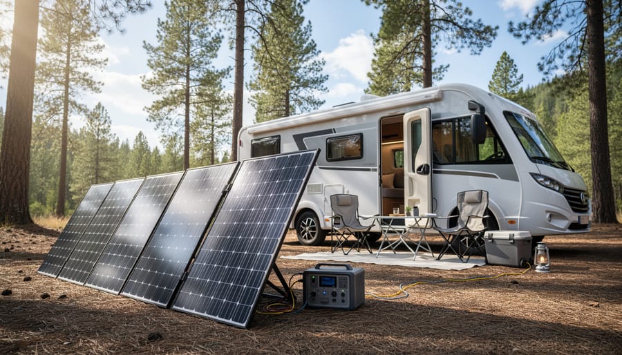 Foldable solar panel charging a smartphone and power bank during an outdoor camping trip.