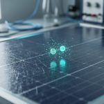 “Close-up of a solar panel surface with subtle nanoscale semiconductor texture and faint teal glowing particles suggesting quantum nanotechnology effects”