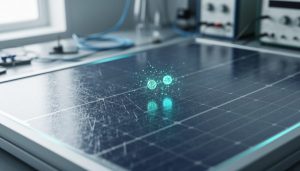 “Close-up of a solar panel surface with subtle nanoscale semiconductor texture and faint teal glowing particles suggesting quantum nanotechnology effects”