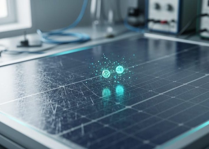 “Close-up of a solar panel surface with subtle nanoscale semiconductor texture and faint teal glowing particles suggesting quantum nanotechnology effects”