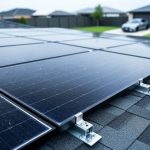 Low-angle view of a home’s rooftop solar panel array with visible mounting hardware under soft overcast light.