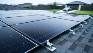 Low-angle view of a home’s rooftop solar panel array with visible mounting hardware under soft overcast light.