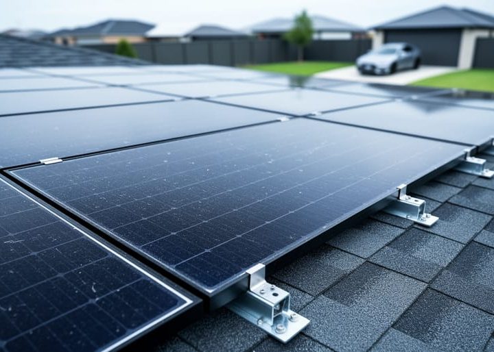 Low-angle view of a home’s rooftop solar panel array with visible mounting hardware under soft overcast light.