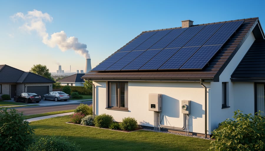 Rooftop solar panels under a bright sky demonstrating clean electricity generation.