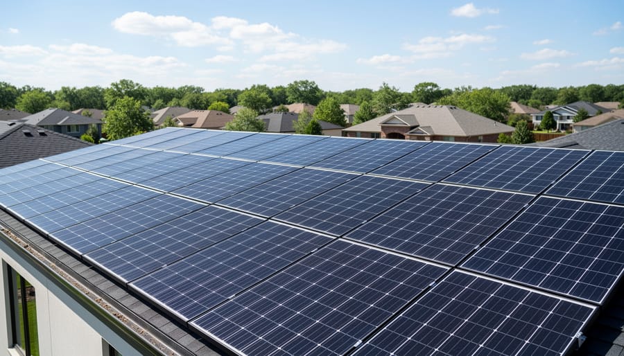 Solar panels on a residential rooftop in bright morning sunlight.