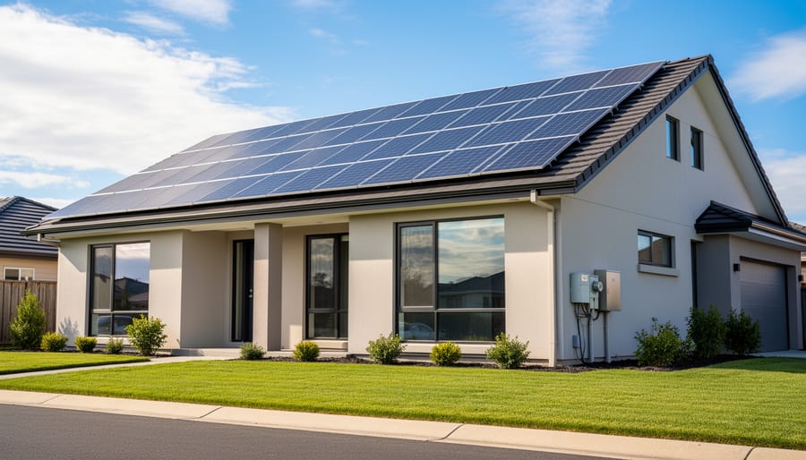Rooftop solar panels installed on a modern suburban home in golden hour sunlight.