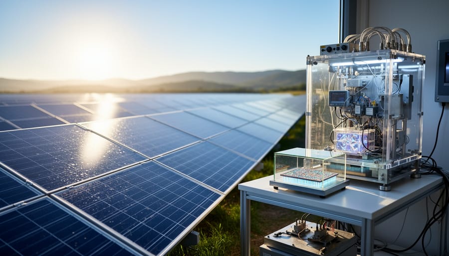 Sunlight reflecting off a rooftop solar panel array in bright daylight
