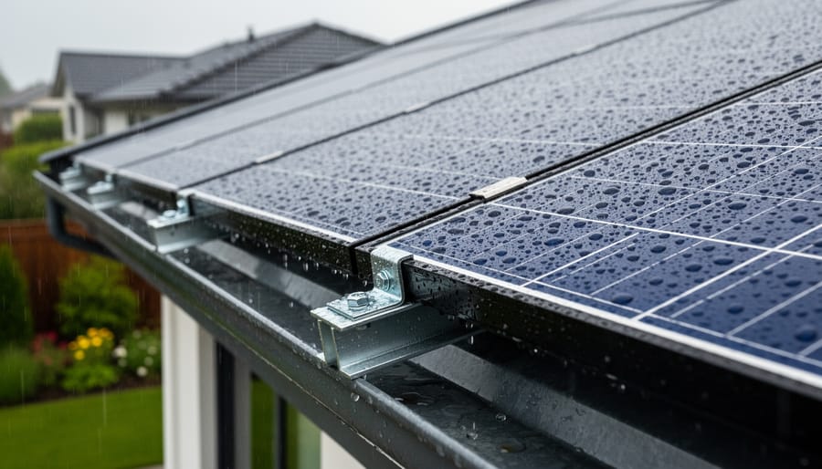 Close-up of a solar panel surface with water droplets in rainy weather.