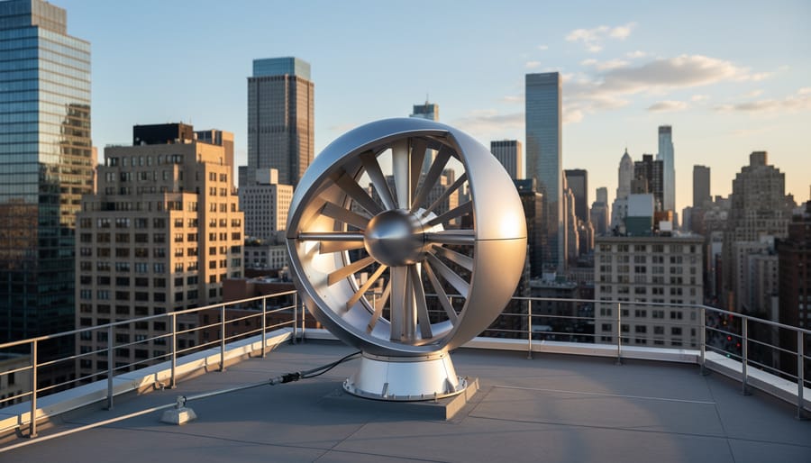 Spherical O-wind turbine mounted on a modern high-rise rooftop with city skyline in the background.