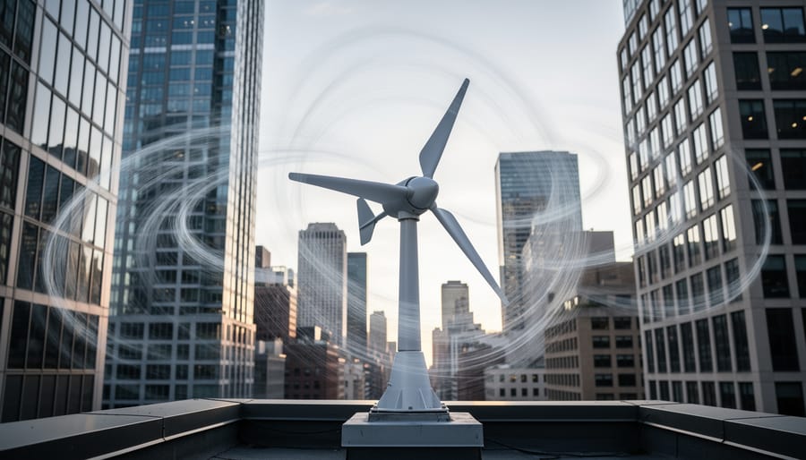 Wind-blown leaves and dust swirl around an O-wind turbine sphere on a city street level.