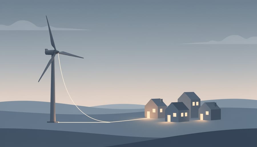 Wind turbine near a remote community with warm home lights glowing at dusk