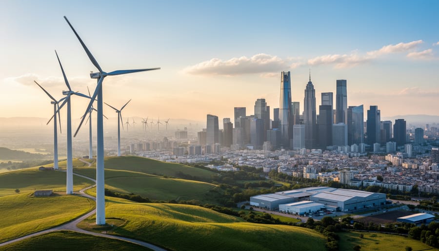 Wind turbine in the foreground with a modern city skyline in the background at dusk.