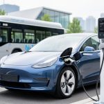 Battery-electric vehicle charging at a modern station with a hydrogen fuel-cell bus softly visible in the background.