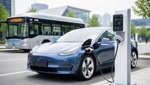 Battery-electric vehicle charging at a modern station with a hydrogen fuel-cell bus softly visible in the background.