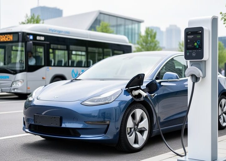 Battery-electric vehicle charging at a modern station with a hydrogen fuel-cell bus softly visible in the background.