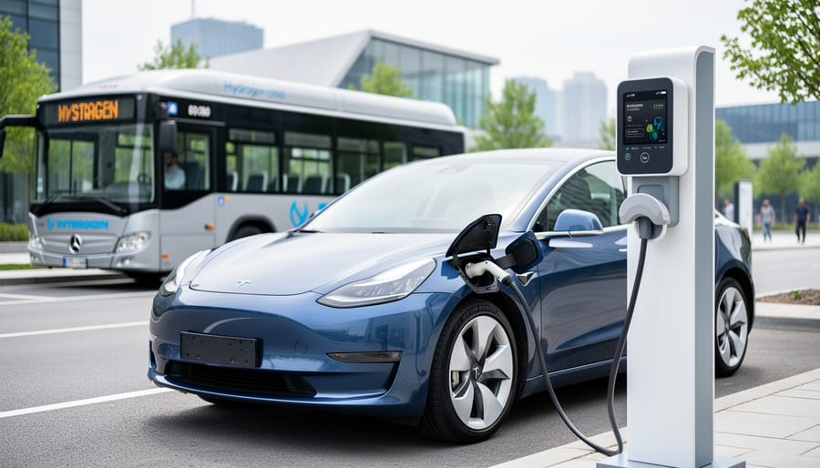 Battery-electric vehicle charging at a modern station with a hydrogen fuel-cell bus softly visible in the background.